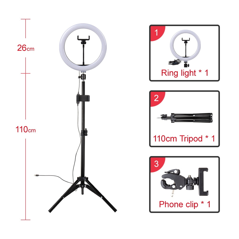 10in/26cm LED Selfie Ring Light Muti-funcation Photography Video Light for Makeup Live Streaming with Camera Phone Holder Clip