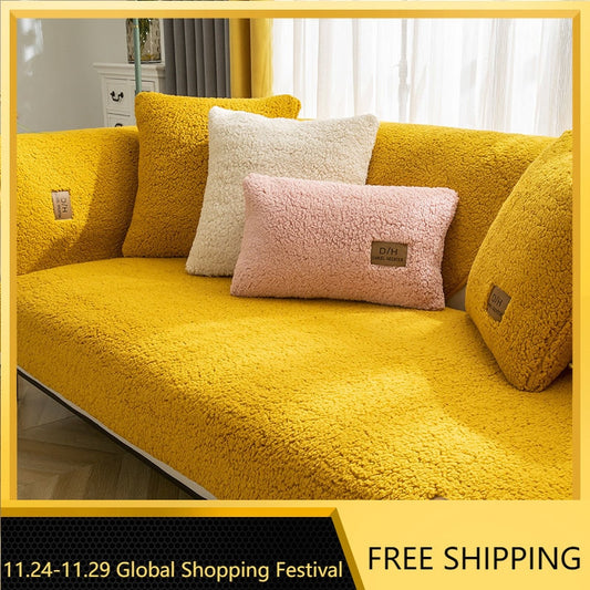 Modern Solid Color Winter Lamb Wool Sofa Towel Thicken Plush Soft and Smooth Sofa Covers for Living Room Anti-slip Couch Cover